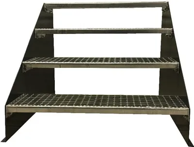 A four-step metal staircase with a black frame and gray metal grating steps, shown against a white background.