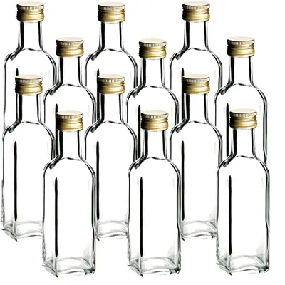 Produktbild von gouveo 12er Set Glasflasche 100 ml Maraska mit Schraubverschluss goldfarben - Kleine Flasche 0,1 l zum Befüllen mit Likör, Öl, Essig