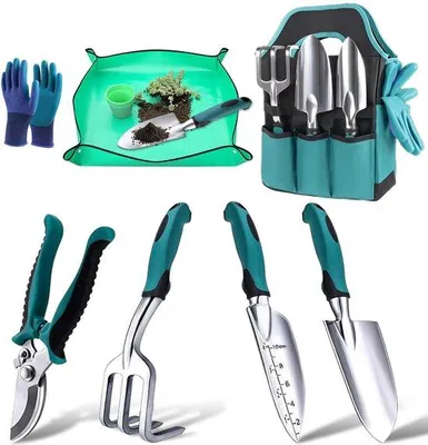 Immagine prodotto di Ibenzoa® – Set di 7 utensili da giardino in acciaio inossidabile, con manici ergonomici antiscivolo e borsa di stoccaggio impermeabile