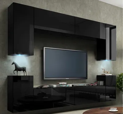 Productafbeelding van Zwevend TV-meubel 240cm collectie CEPTO, 4 deuren, in glanzend zwart.