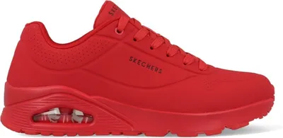 A side view of a red Skechers Uno Stand On Air sneaker.