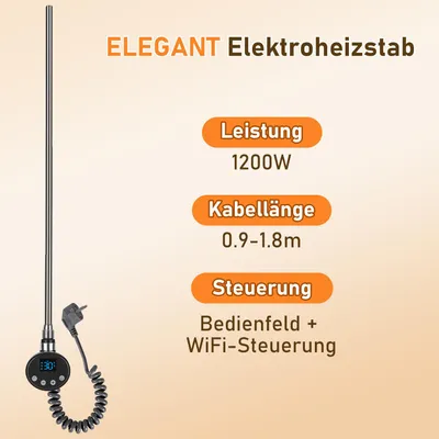 Zdjęcie produktu dla Grzejnik elektryczny do łazienki, 1200W, inteligentny, WiFi, gwint G1/2, termostat 5-70°C, timer 24h, kolor antracyt