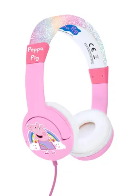A pair of pink Peppa Pig themed headphones with a rainbow design on the headband.