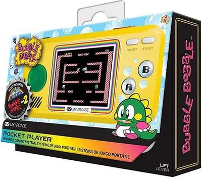 The image shows the packaging of a My Arcade Bubble Bobble Pocket Player portable gaming system.