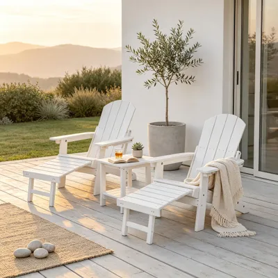 Produktbild von williamspace Allwetter-Adirondack-Stuhl mit integrierter Fußstütze und Getränkehalter aus High-Impact-Polystyrol, wetterfest und pflegeleicht, Weiß