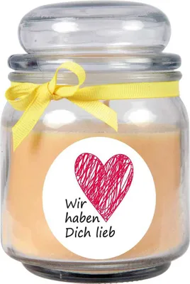 Produktbild von Duftkerze im Bonbonglas "Herzen", Duft: Vanille ( Gelb ), 300g - Brenndauer bis zu 70 Stunden
