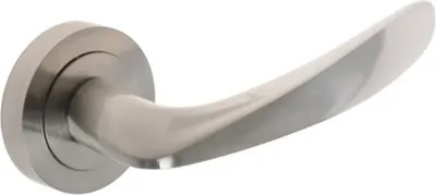 A silver door handle with a round rosette is shown against a white background.