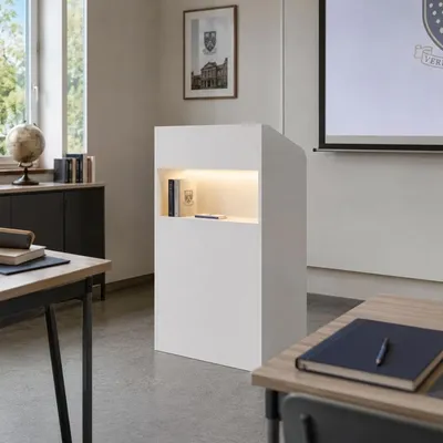 Produktbild von Rednerpult Weiß MDF 59x38,8x104,4cm, Schublade mit Schloss & Vollauszugsschienen, 3-farbige USB-LED, kompaktes Empfangspult für Büro, Schule & Hotel