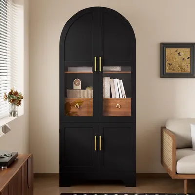 Immagine prodotto di Armadio espositivo con ante in vetro, mobile alto con illuminazione a LED, mobile per soggiorno con design ad arco, 4 ante, 1 cassetto, realizzato in MDF e pannelli di fibra a media densità, colore nero