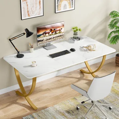 Produktbild von Tribesigns Psací stůl Počítačový stůl, 160 x 80x75 cm Moderní PC stůl Kancelářský stůl Jídelní stůl s deskou z umělého mramoru a kovovými nohami