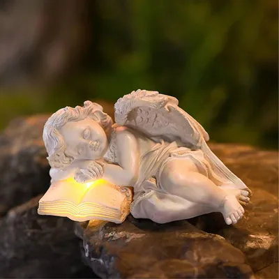 Schlafende Schutzengel-Figur mit LED, wetterfest, 19x11 cm, Harz
