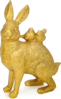 Produktbild von Deko-Hase, Osterhase mit 2 Vögelchen auf dem Rücken, Deko-Figur aus Polyresin für Ostern, Osterdeko für Indoor und Outdoor geeignet, gold