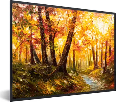 Produktbild von MuchoWow® Gerahmtes Poster Gemälde - Herbst - Wald - Ölgemälde 80x60 cm - Poster mit Schwarzem Bilderrahmen Wandposter Rahmen Foto Bilder - Schwarzem - Mit Gestell