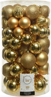 Produktbild von Weihnachtskugeln Kunststoff Mix 4-8cm hellgold, 100er Set