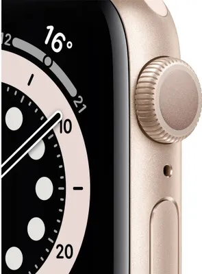 Close-up of an Apple Watch Series 6 with a rose gold aluminum case, showing the watch face with time and temperature.