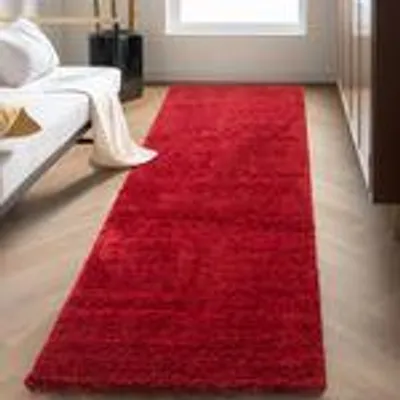 Produktbild von Teppich Wohnzimmer Hochflor Einfarbiges Design Langflor Shaggy Modern Flauschig, Größe: 80 x 250 cm, Farbe: Rot