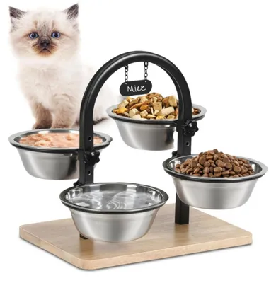 Image de Distributeur de nourriture pour chats surélevé, avec 4 bols en acier inoxydable de 380 ml, réglable en 4 hauteurs