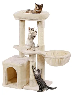 Produktbild von Katzenbaum 87 cm mit Aussichtsplattform, Liegemulde und Katzenhöhle, Sisalstämme, Beige