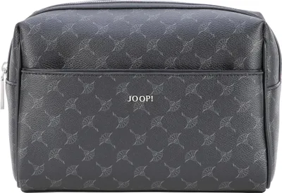 A close-up, front-facing studio shot of a gray Joop! washbag with a repeating pattern.