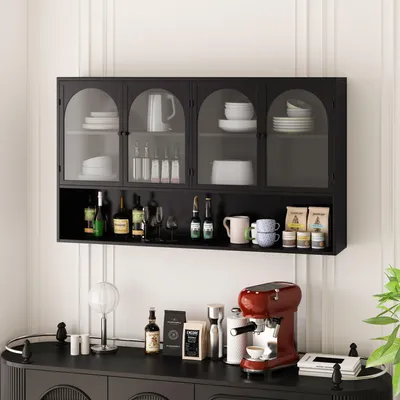 Image de MODFU Armoire Murale de Rangement - Meuble Suspendu avec 4 Portes en Verre et Structure Métallique - Noir 120×23×70 cm