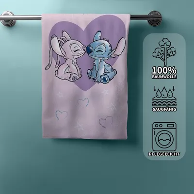 A towel with Lilo and Stitch characters is hanging on a towel rack against a blue wall. A panel with product information is on the right side.