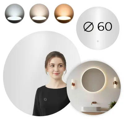 Zdjęcie produktu dla Lustro łazienkowe LED okrągłe ścienne 60 cm 3 barwy włącznik dotykowy ModernHome