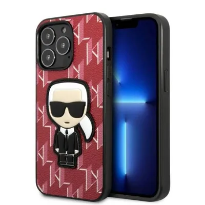 A Karl Lagerfeld branded iPhone 13 Pro Max case with a Karl Lagerfeld character patch is shown next to the phone.