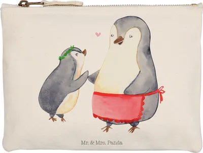 Produktbild von Mr. & Mrs. Panda Pouch Pinguin mit Kind Grösse XL Große - Weiß - Geschenk, Mama, Muttertag, Vorbild, Mutter, kosmetiktäschchen, Mäppchen, Federmappe, Kosmetiktasche