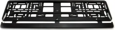A black plastic license plate holder is shown against a white background.
