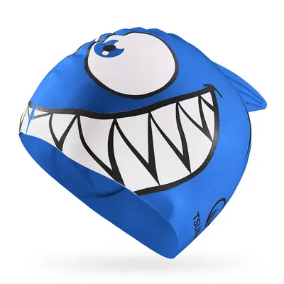 Produktbild von TSUNAMI Kinder Silikon Schwimmkappe, SHARK 3D, Pool Training, blau