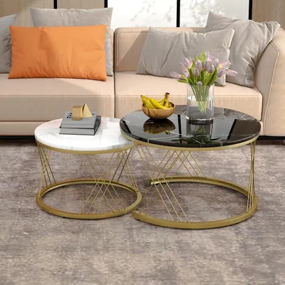 Image de MODFU Table Basse - Ensemble 2 Tables Rondes Gigogne MDF Effet Marbre, Structure Métal, Meuble de Salon - 70x70x45 / 45x45x40 cm, Noir et Blanc