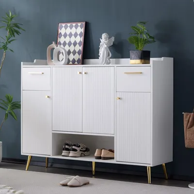 Image de Meuble à chaussures, étagère à chaussures avec 2 tiroirs et 4 portes, pieds en métal, dimensions : L130/L37/H100, blanc