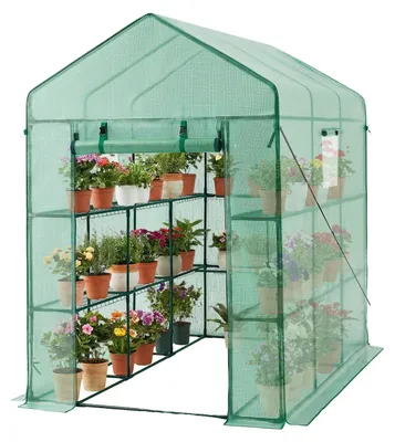 Obrázek produktu pro Skleník VEVOR 137 x 206 x 196 cm, fóliový skleník, skleník na rajčata, skleník na rajčata s okny, PE fólie, 2 patra, 14 polic, rolovací dveře na zip, skleník do zahrady