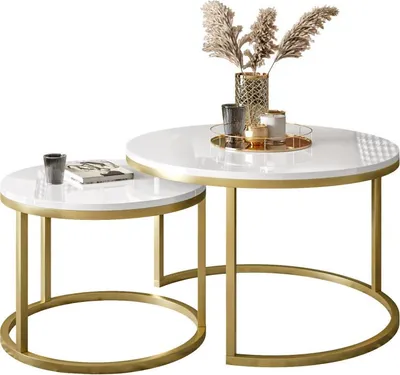 Produktbild von Runder Couchtisch CIRI 2in1 Gold Matt/ Weiß hochglanz 70 cm und 50 cm