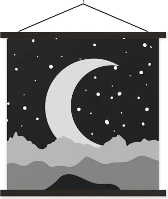 Produktbild von MuchoWow® Textilposter Nacht - Mond - Schwarz - Weiß 120x120 cm mit schwarzem Rahmen - Aufhängungsset