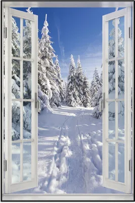 Produktbild von Wallario Wandbild mit Fenster-Illusion: Wanderweg im Schnee, Größe: 61 x 91,5 cm, Poster mit schwarzem Aluminiumrahmen