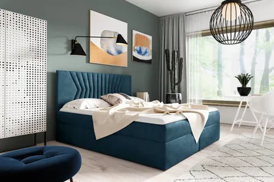 Produktbild von Polsterbett mit gestepptem Kopfteil AKIM – 180x200, Blau + GRATIS Topper