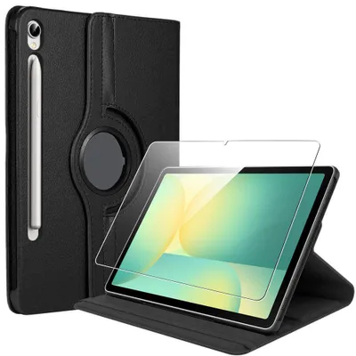 Image de Coque + Verre Trempé pour Samsung Galaxy Tab S9 FE / S10 FE /S10 Lite, Etui Rotatif Multi-Angle Noir