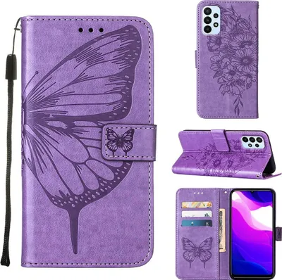 Produktbild von Galaxy A23 4G Hülle, Schmetterling Prägung Flip Leder Kartenfächer Schutzhülle Ledertasche mit Ständer für Samsung Galaxy A23 4G / 5G Violett