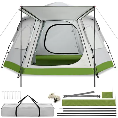 Produktbild von Automatikzelt 4-6 Personen - Pop-Up Campingzelt Wasserdicht 3000mm - Familienzelt Kuppelzelt mit UV-Schutz 50+ & Lobby - 280x240x158cm - Grau/Grün