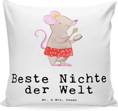 Produktbild von Mr. & Mrs. Panda Kuschel Kissen Maus Beste Nichte der Welt - Weiß - Geschenk, Taufe, für sofa, Patentante, Patenkind, Dekokissen, Sofakissen, Patenonkel, Geschenkidee