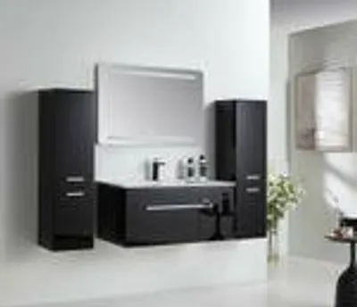 Produktbild von Badmöbel Set 90cm Königsblau oder Schwarz Hochglanz Keramik Becken LED Spiegel Badezimmermöbel, Spiegel:Mit LED-Spiegel, Waschbecken:Mit Keramik, Seitenschrank:2x Seitenschrank Rechts + Links, Waschbeckenunterschrank:Mit LED, K-Farbe:Schwarz Hochglanz