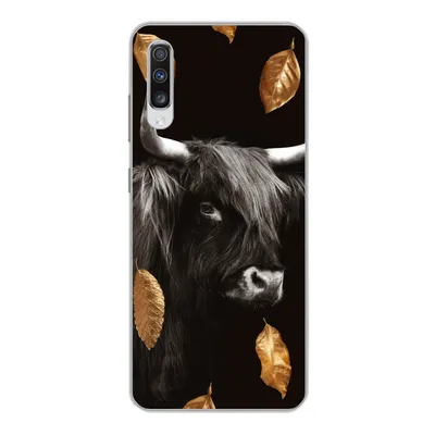 Produktbild von MuchoWow® Handyhülle Schutzhülle Hülle für Samsung Galaxy A70 Schottischer Highlander - Blätter - Gold - Schwarz Silikon Softcase Handy Hülle - Schutzhaube