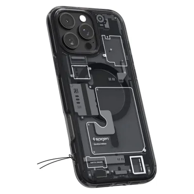 A transparent phone case with internal component graphics is shown against a white background.