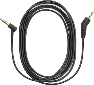 A black audio cable with gold connectors is coiled on a white background.