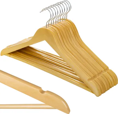 Produktbild von Kleiderbügel Set 10 Stück Schulterkerben Hosensteg 360? drehbarer Haken Naturfarben für Garderobe Hosen Hemden Anzüge Holz 24492