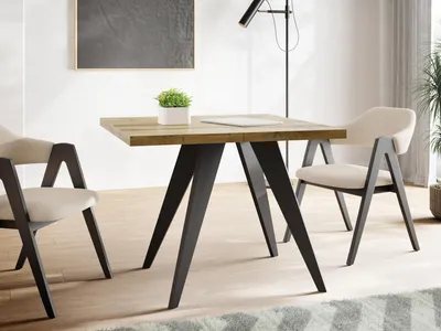 Produktbild von Quadratischer Ausziehbarer Esstisch Quadro 100-200 cm - Industrial Esszimmertisch mit Schwarzen Holzbeinen für 4-8 Personen - Loft-Stil Küchentisch - Wotan Eiche