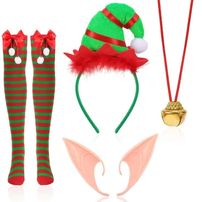 Imagen del producto de Disfraz de Elfo con Sombrero/Cinta para el Cabello - Orejas de Elfo - Medias de Rayas de Elfo - Collar de Campanas - Perfecto para Fiestas - Adecuado para Damas/Chicas - Disfraz de Navidad