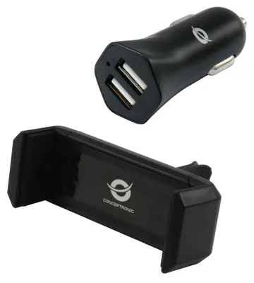 Produktbild von CONCEPTRONIC KFZ-Ladegerät 2-Port 2xUSB-A +Halter 10W sw