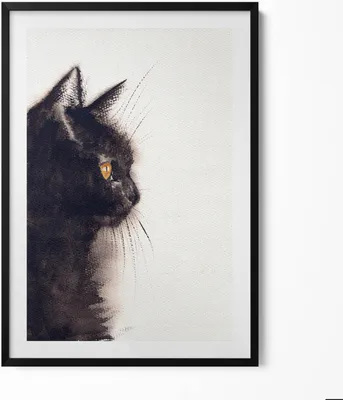 Produktbild von Porträt einer schwarzen Katze– Wandbild mit Rahmen – Gerahmtes Bild  – Wanddekoration – 70x100 cm –  Schwarz Rahmen
